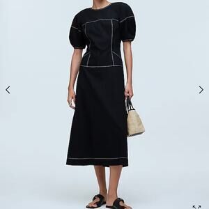 Madewell Puff Sleeve Drop Waist Midi Dress Cotton Poplin Women's 0 Black